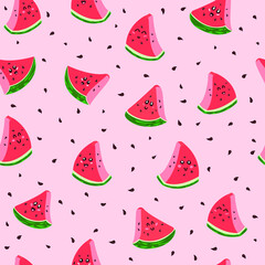Cute, kawaii anthropomorphic cartoon watermelon slices seamless pattern. Great for Spring or Summer fabric, scrap-booking, gift-wrap, wallpaper, product design product design. Surface  design. Vector