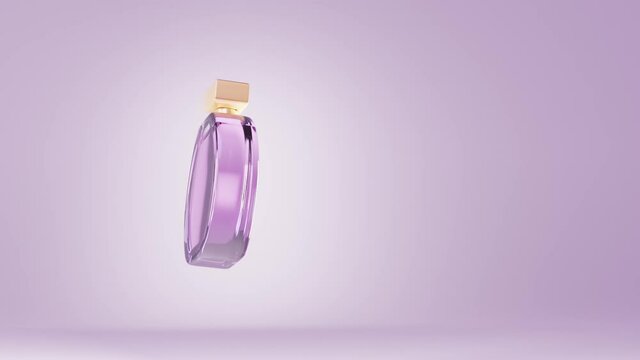 Cosmetic perfume bottle isolated on purple background. Glass round container with pink liquid for women. Cosmetics product with gold cap, floral essence, spray packaging mockup. Realistic 3d animation