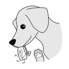 かわいい耳かけ補聴器キャラクターが犬に噛まれているモノクロのイラスト