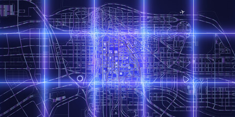 night city with neon grid top view