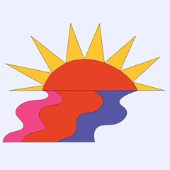 vector sticker sun with rainbow water - hippie style 60s and 70s. Groovy weather character. Funky star. Isolated shapes hand drawn.rays at sunset