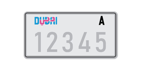 Car number plate Dubai. Vehicle registration license of United Arab Emirates.