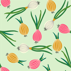 Vector seamless pattern with hand drawn onions.  Cute repeat kitchen fabric design. Perfect for tea towels.