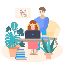 father helps his daughter with her homework on a laptop. Teaching children online. Home classes.  Dad explains to his daughter how to complete the task. Vector illustration in a flat cartoon style.