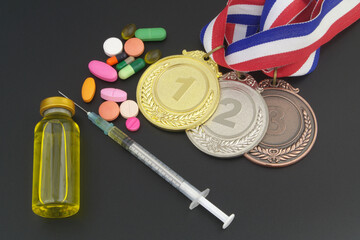 Doping in sport concept. Medals, syringe and drugs on black table.