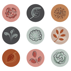Set of minimalist round covers. Icons with abstract elements flowers and leaves to decorate social networks. Flat vector isolated illustrations.