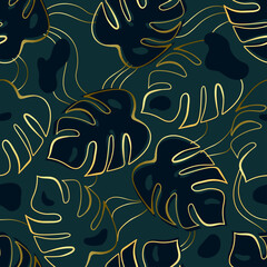 Seamless luxury pattern with dark palm leaves monstera and golden shapes. Natural exotic plant background with lines. Flat vector illustration
