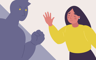 Concept victim of domestic violence at home, at work or in the street, mobbing. Portrait of woman with frustration, fear, sadness, negative emotions. A dark shadow of man attacks, threat of violence