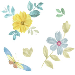 seamless botanical pattern. Flowers and leaves painted in watercolor on a white background.
