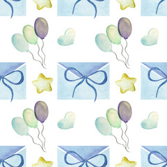 Seamless pattern of watercolor isolated light blue elements for a little boy on white background.Balloons, stars, letters, bows