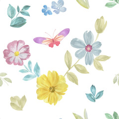 seamless botanical pattern. Flowers, butterflies and leaves painted in watercolor on a white background.