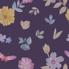 Flowers, butterflies and leaves painted in watercolor on a purple background. Seamless botanical pattern, delicate watercolor.