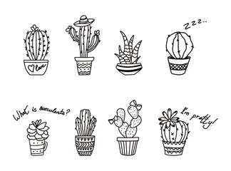 Outline cactus in pot. Contour succulents. Isolated drawing of desert plant. Mexican exotic flora