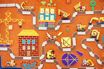 Children's background with houses, roads, cars