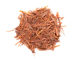 Lapacho herbal tea, isolated on white background. Natural Taheeboo dry tea. Pau d'arco herb. Tabebuia heptophylla. Top view.