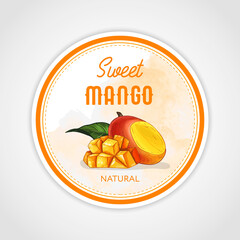 Round label or sticker design in vintage style with mango illustration. Sweet natural mango. For natural or organic fruit products and health care goods.