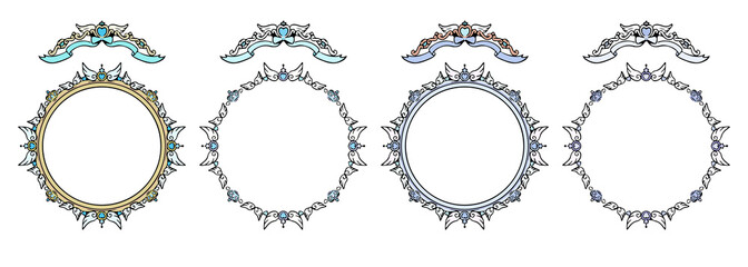 ファンシーでアンティークな丸フレームセット ベクター 水色