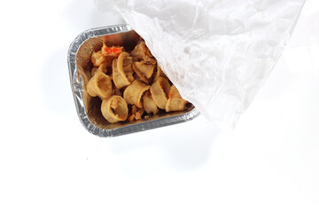 mixed fried tray pan of mixed fried squid and shrimp fish market