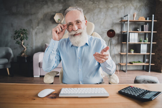 Portrait Of Attractive Cheerful Middle-aged Man Calling Partner Leader Talking Web Cam Hr Interview At Work Station Place Indoor