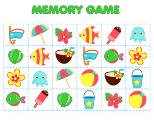 Beach fun Memory game for toddlers. Educational children game. Summer holidays theme