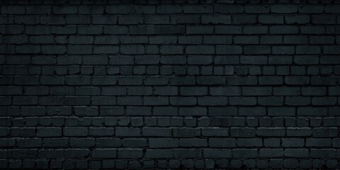 Fototapeta na wymiar Black old brick wall widescreen texture. Dark brickwork abstract grunge industrial background