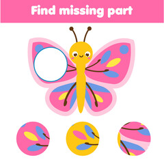 Butterfly puzzle for toddlers. Find missing part of picture. Educational game for children and kids