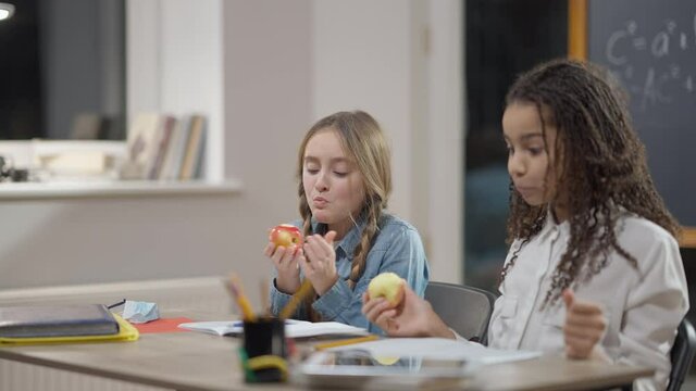Charming smiling Caucasian schoolgirl sharing apple with African American classmate in school. Portrait of positive joyful girl giving healthful fruit to friend and talking. Friendship and lifestyle