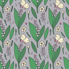 Spring seamless pattern with lilies, leaves, butterflies and small details on a grey background. Pink, yellow, green and mint. Suitable for cards, wallpaper, paper, fabric, interior decor  and others