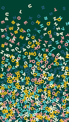 Falling letters of English language. Pastel flying words of Latin alphabet. Foreign languages study concept. Bewitching back to school banner on blackboard background.