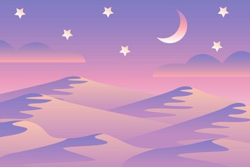 Obraz na płótnie Canvas Landscape with waves. Blue night sky. Moon and stars. Yellow, pink, purple and violet mountains silhouette. Sandy desert dunes. Nature and ecology. Horizontal banner. Social media, post cards, posters