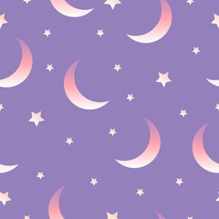 Fototapeta na wymiar Seamless pattern with moon and stars. Violet backround. Purple, pink and white gradients. Cartoon style. For kids design. Post cards, textile, wallpaper, scrapbooking, wrapping paper and nursery