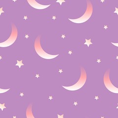 Fototapeta na wymiar Seamless pattern with moon and stars. Pink backround. Violet, purple and white gradients. Cartoon style. For kids design. Post cards, textile, wallpaper, scrapbooking, wrapping paper and nursery