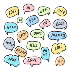 Chat bubble talk phrases. Communication tags. Cartoon speech bubbles with humor text. Hand-drawn style, bubble communication clouds, comic cartoon sticker