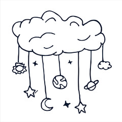 Vector illustration of a cloud with planets garland. Hand drawn vector.