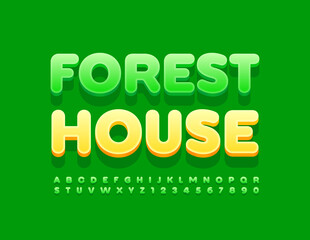 Vector eco emblem Forest House. Green 3D Font. Bright set of Alphabet Letters and Numbers