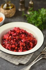 raditional salad Vinaigrette of beets, potatoes, carrots, pickles with onions and vegetable oil.