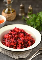 raditional salad Vinaigrette of beets, potatoes, carrots, pickles with onions and vegetable oil.