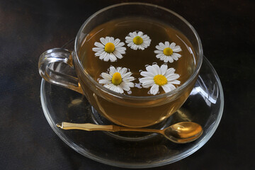 Chamomile herbal tea with flower buds on wooden table with chamomile bouquet, healthy herbal drinks and natural healer concept