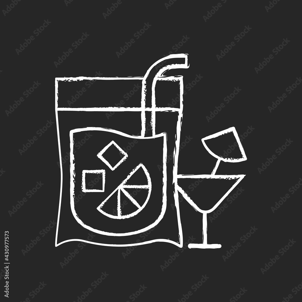 Sticker cocktail-to-go chalk white icon on black background. alcoholic beverage. mixed drink. restaurant and