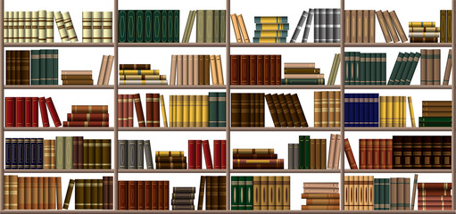 Library. Bookshelf. Large bookcase in the library, shop with many different books. Background from books.