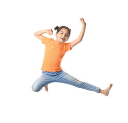 Cute little girl jumping on white background