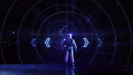 Astronaut in virtual space with abstract navigation display - illumnated by neon lights   Sci-Fi Time & Space Travel Konzept   3D Render Illustration © Jacqueline Weber