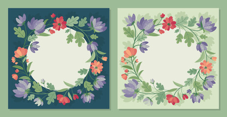 Summer flowers in flat style - set of frame Vector card, poster, banner, template. Hello spring and summer. Spring mood. 