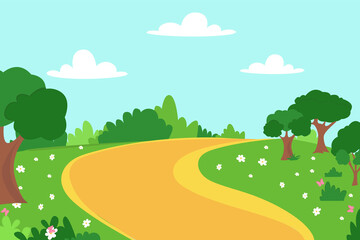 Fototapeta premium Spring landscape with trees, fields, flowers and butterfly. Vector illustration.Для Интернета