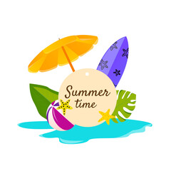 Summer time design with white circle for text and colorful beach elements