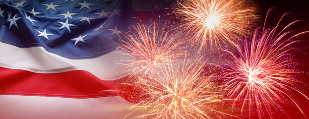 American flag and fireworks, banner design. Independence Day of USA - obrazy, fototapety, plakaty