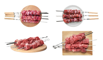 Metal skewers with raw meat on white background, collage. Banner design