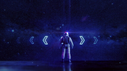 Astronaut in virtual space with abstract navigation display - illumnated by neon lights   Sci-Fi Time & Space Travel Konzept   3D Render Illustration © Jacqueline Weber