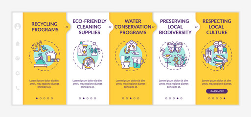 Green hotel features onboarding vector template. Responsive mobile website with icons. Web page walkthrough 5 step screens. Recycling programs color concept with linear illustrations