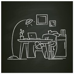 Comfortable workplace chalk icon.Home workspace. Working room with seat, desktop and computer. Freelancer workstation sign. Home interior concept. Isolated vector illustration on chalkboard